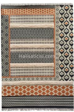 Rustik Kilim 4014 Gri Kahve Bohem ve Etnik Kilim