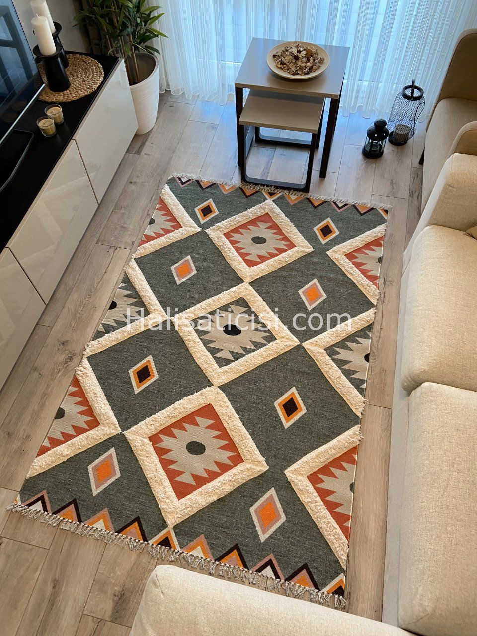 Rustik Kilim Yeşil Etnik ve Geometrik Kilim Rustik 4018