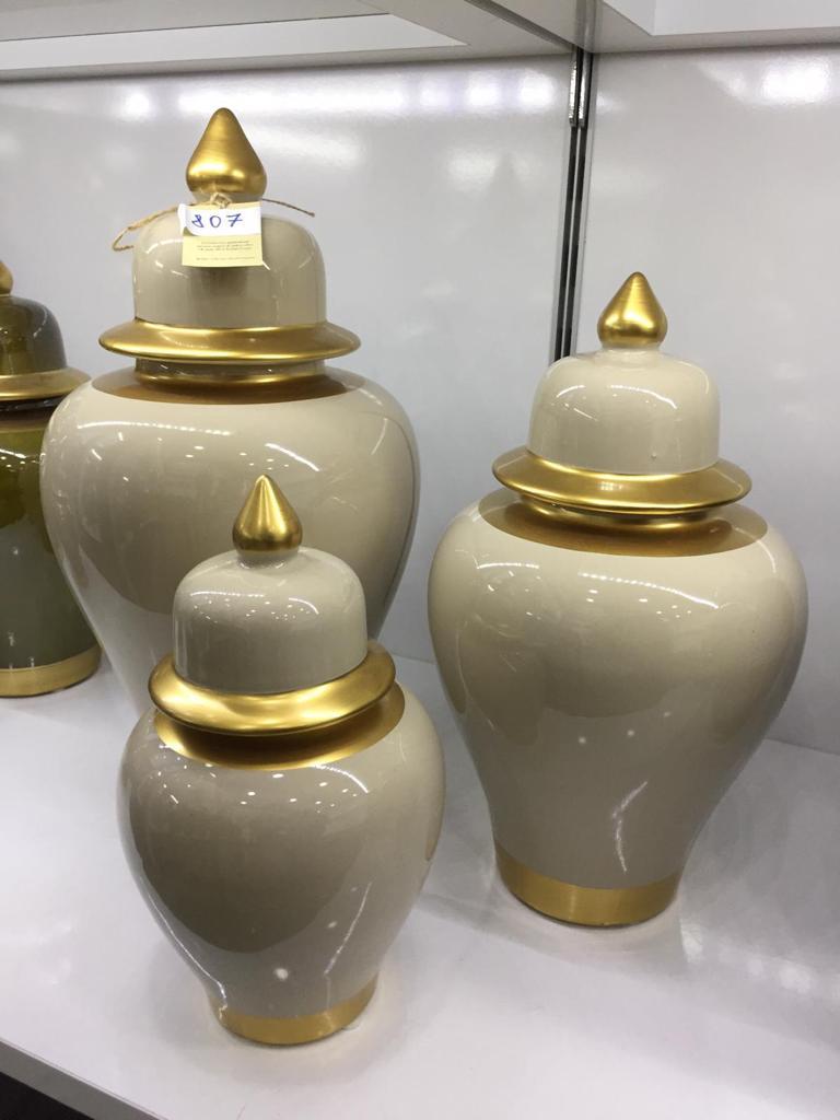 Şah Küp 3'Lü Dekoratif Küp Seti - Bej Altın Varaklı