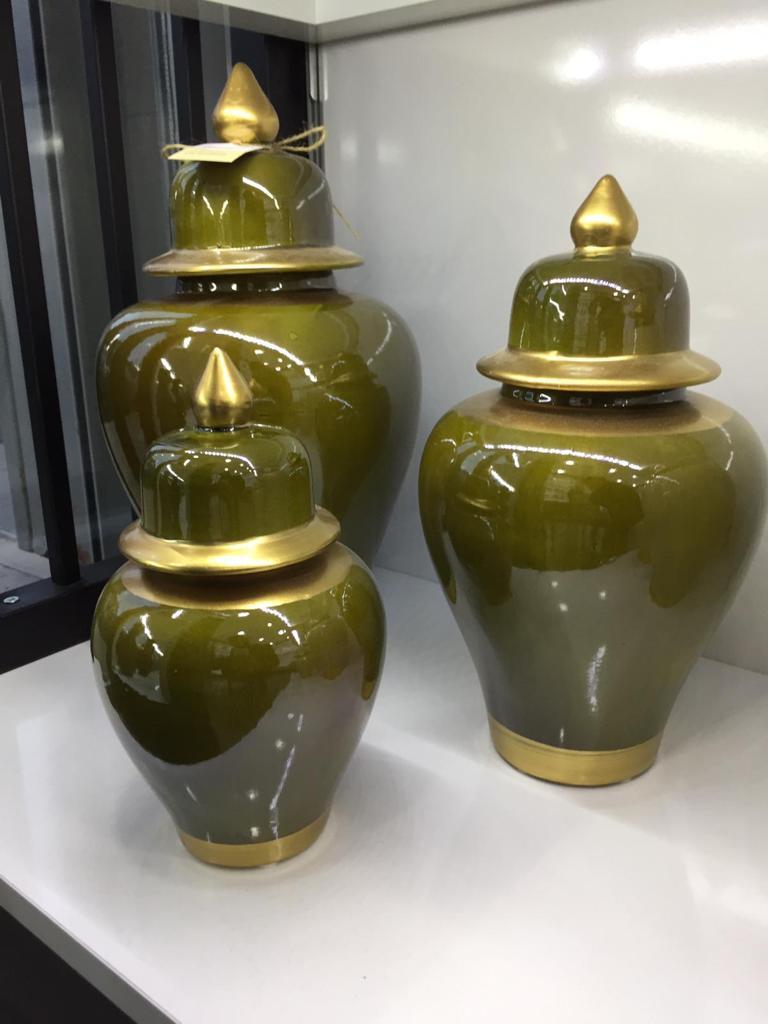 Şah Küp 3'Lü Dekoratif Küp Seti - Zeytin Altın Varaklı