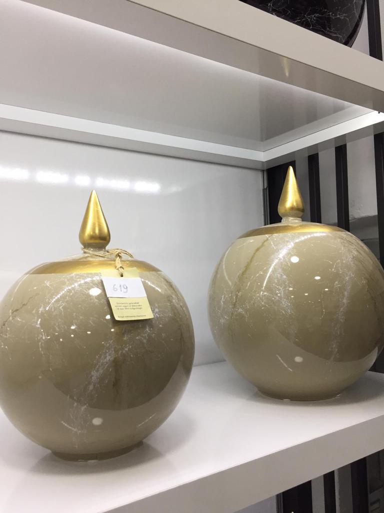 Sultan Küp 2'Li Dekoratif Küp Seti  Bej Altın Varaklı Mermer Desenli.