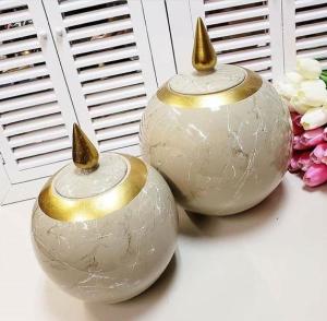 Sultan Küp 2'Li Dekoratif Küp Seti  Açık Bej Altın Varaklı Mermer Desenli.