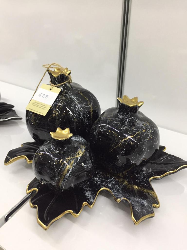 Nar Setler 3' Lü Tabaklı Siyah Altın Mermer Desenli