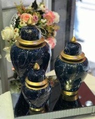 Şah Küp 3'Lü Dekoratif Küp Seti Mermer Desenli Lacivert Altın Varaklı