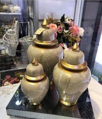 Şah Küp 3'Lü Dekoratif Küp Seti Mermer Desenli  Altın Varaklı